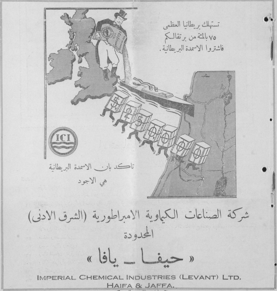 A fertilizer advertisement by the largest agrochemical company in Palestine. Al-Iqtisadiyyat al-‘arabiyya, July 15, 1935. Source: Jrayed: Arabic Newspapers of Ottoman and Mandatory Palestine, the National Library of Israel.