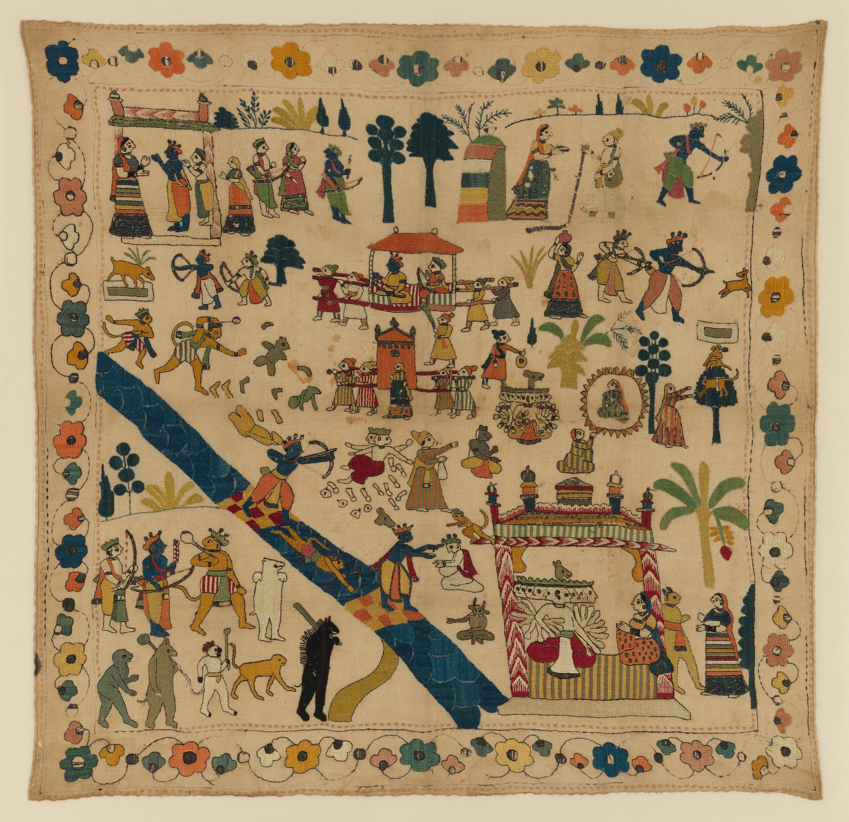 Rumal with Scenes from the Ramayana. c. 18th century. India (Jammu and Kashmir), Cotton with silk, tinsel, and metal embroidery.