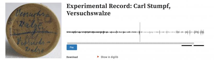 Object “Versuchswalze,” from the curated collection “Carl Stumpf’s experimental records” (URL: acoustics.mpiwg-berlin.mpg.de/audio/experimental-record-carl-stumpf-versuchswalze).