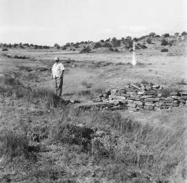 A man stands beside a checkdam