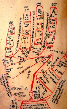 Inscribed palmistry chart belonging to the divinatory branch of the astral sciences.