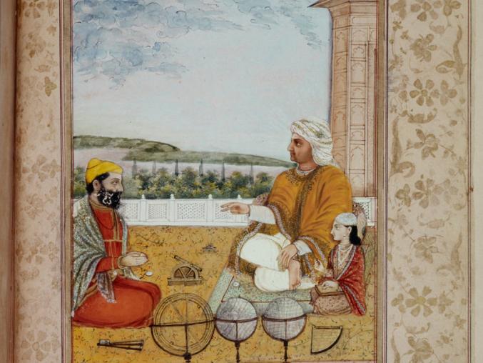 Artwork, three figures conversing. Folio from the work Sarvasiddhāntatattvacuḍāmaṇi The Jewel of the Essence of All Sciences.” 1840. India. © 2022 The British Library, Or. 5259, f.291. 