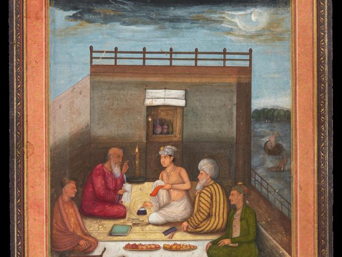 Artwork of a miniature pasted on an album sheet. A young prince with learned men on a terrace. ca. 1640–50. Indian, Mughal. Miniature: 21.2 × 14.4 cm; Leaf: 29.1 × 19.2 cm. © 2022 The David Collection, Copenhagen, 15/2016.