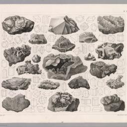 Drawings of minerals and their crystaline forms from Johann Georg Heck’s 1857 encyclopedia Atlas zum Conversations